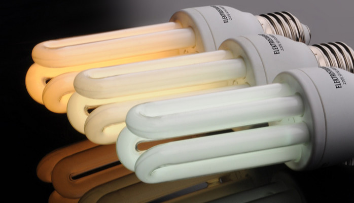 Three energy saving lightbulbs at various brightness levels